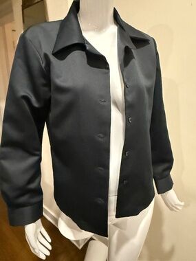 Vintage 1970s Sears Black Satin Polyester Blouse Size 14 Pointed Collar